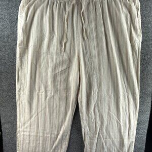 NWT Sonoma Linen Blend 2X Plus Pants Ivory Striped Drawstring Casual Straight